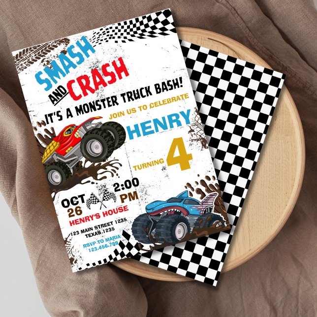 Monster Truck Birthday Party Invitation  (MONSTER TRUCK BIRTHDAY INVITATION, SMASH AND CRASH ITS A MONSTER BASH)