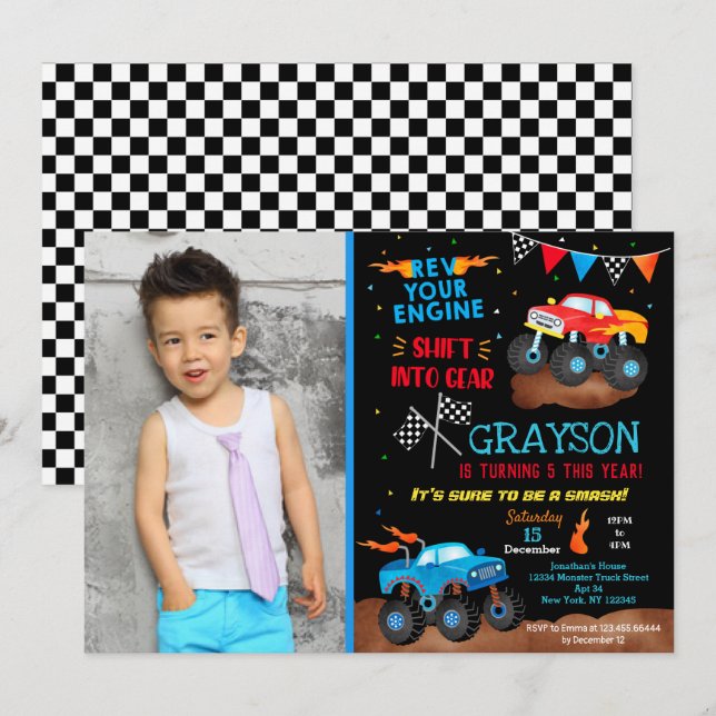 Monster Truck Birthday Party Invitations Photo (Front/Back)