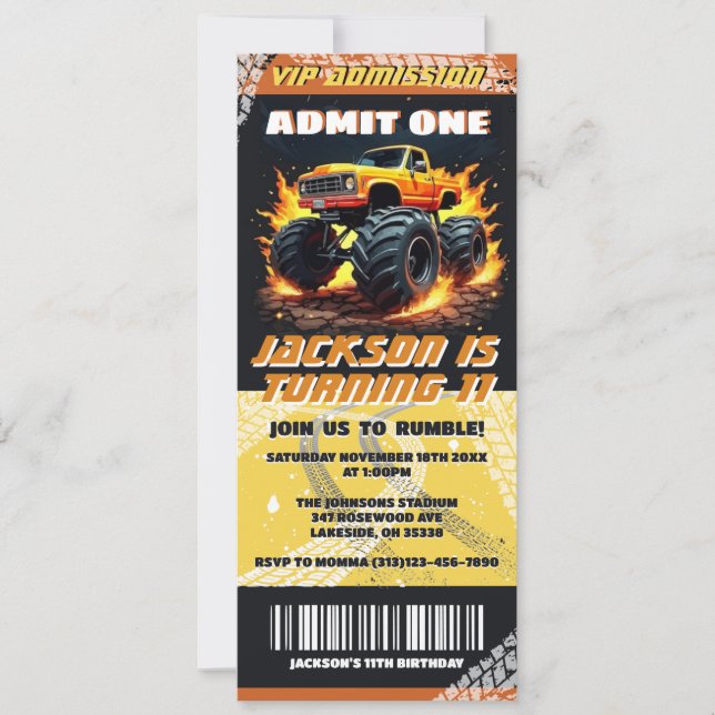 Monster Truck Birthday Ticket Invitations  (Front)