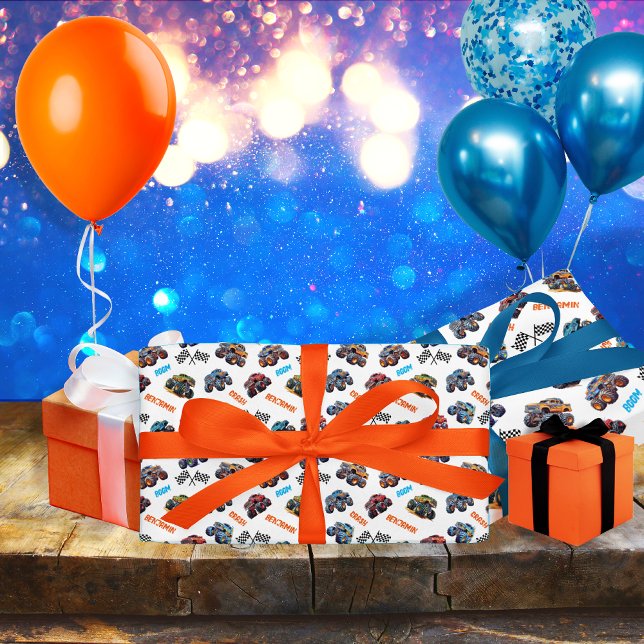 Monster Truck Boom Crunch Crash Birthday Wrapping Paper (Monster Truck "Boom, Crunch, Crash, Crush 'Em" Name Wrapping Paper for Boy's Birthday and Holiday)