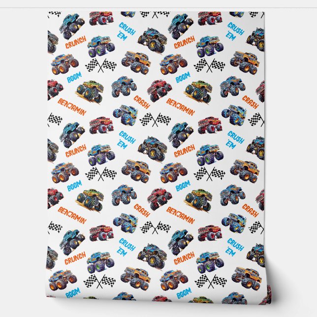 Monster Truck Boom Crunch Crash Kid's Name Wallpaper (Unrolling)