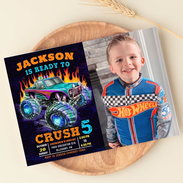 Monster Truck Boy 5th Birthday Photo Invitation (Creator Uploaded)