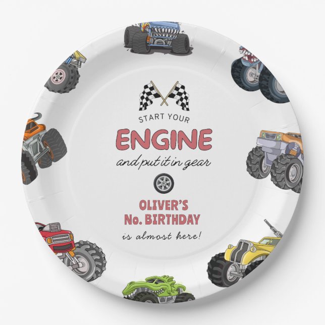 Monster truck, boy any age birthday paper plate (Front)