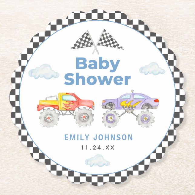 Monster Truck Boy Baby Shower Paper Coaster (Front)