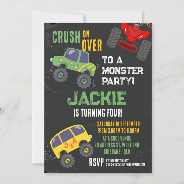Monster truck Boys birthday invitation (Front)