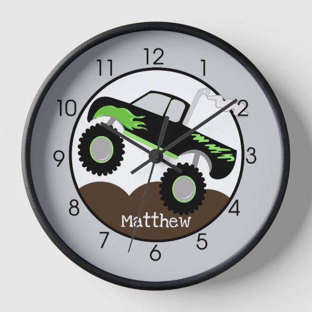Monster Truck Boys' Room Green Black Kids Clock (Front)