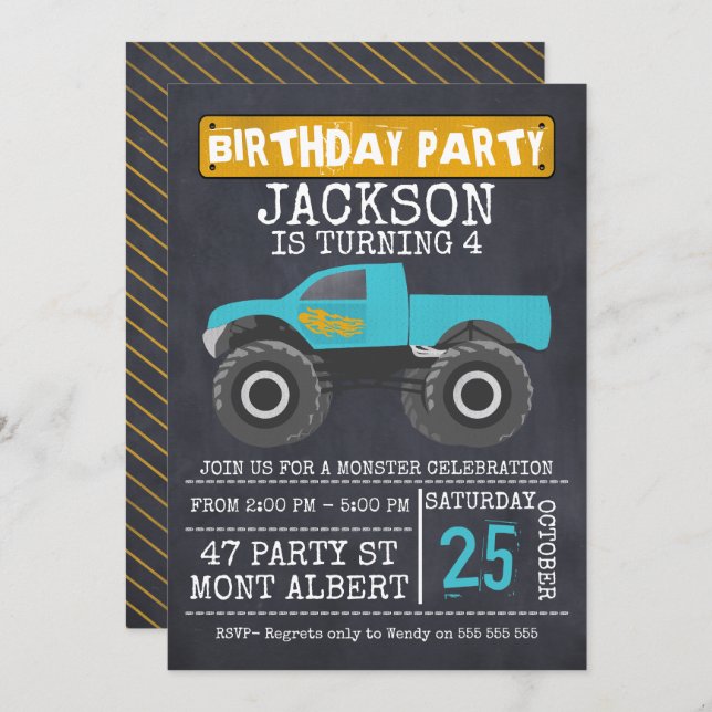 Monster Truck Chalboard Birthday Party Invitation (Front/Back)