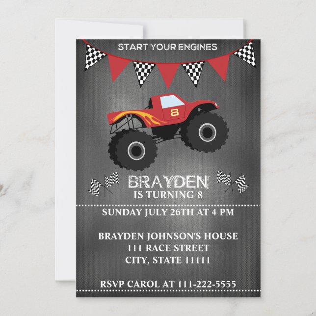 Monster Truck Chalkboard Birthday Invitation (Front)