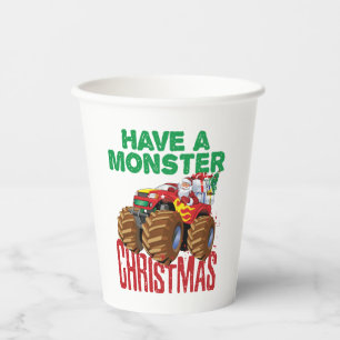 Monster Truck Christmas Santa Claus Boys Toddlers Paper Cups