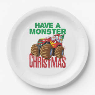 Monster Truck Christmas Santa Claus Boys Toddlers Paper Plate