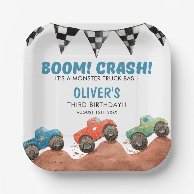 Monster Truck Colorful Cars Birthday Paper Plate (Front)