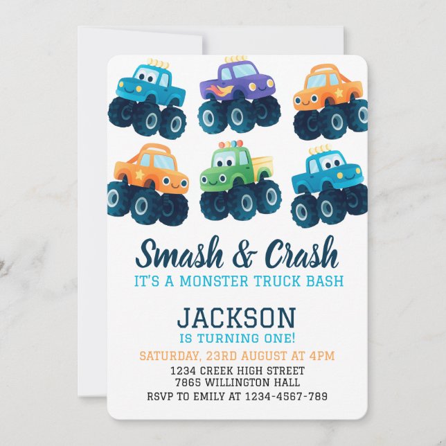 Monster Truck Colourful Boys Birthday Photo Invitation (Front)