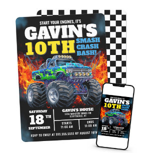 Monster Truck Cool Blue 10th Birthday Personalized Invitation