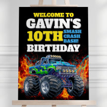 Monster Truck Cool Blue 10th Birthday Welcome Sign