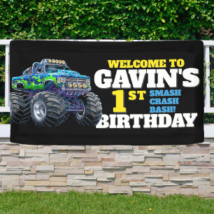 Monster Truck Cool Blue 1st Birthday Custom Vinyl  Banner