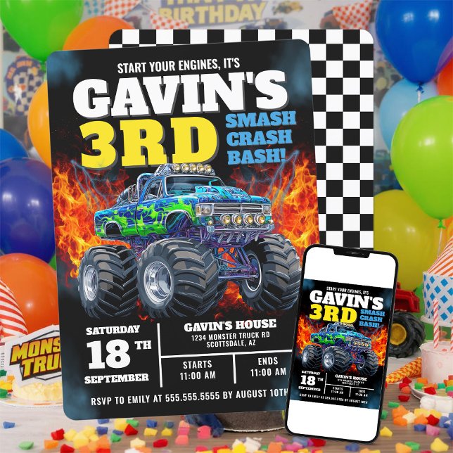 Monster Truck Cool Blue 3rd Birthday Personalised Invitation (Creator Uploaded)