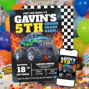 Monster Truck Cool Blue 5th Birthday Personalised Invitation