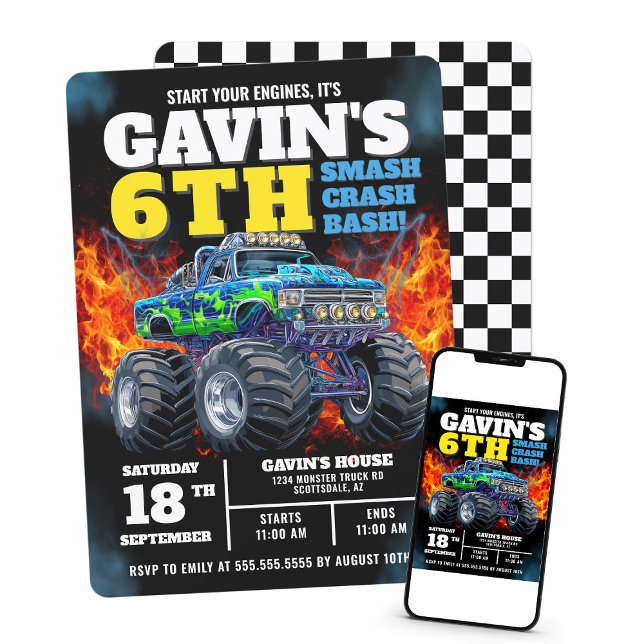 Monster Truck Cool Blue 6th Birthday Personalised Invitation (Creator Uploaded)