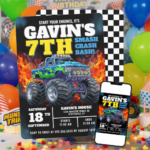 Monster Truck Cool Blue 7th Birthday Personalised Invitation