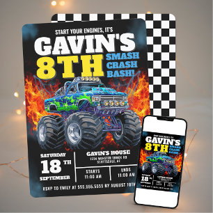 Monster Truck Cool Blue 8th Birthday Personalised Invitation