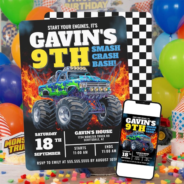 Monster Truck Cool Blue 9th Birthday Personalised Invitation (Creator Uploaded)
