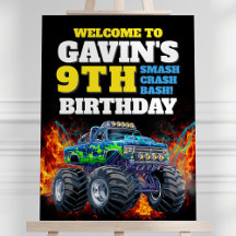 Monster Truck Cool Blue 9th Birthday Welcome Sign