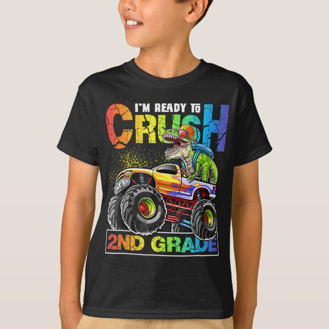 Monster Truck Crush 2nd Grade Dinosaur Boys Back t T-Shirt (Front)