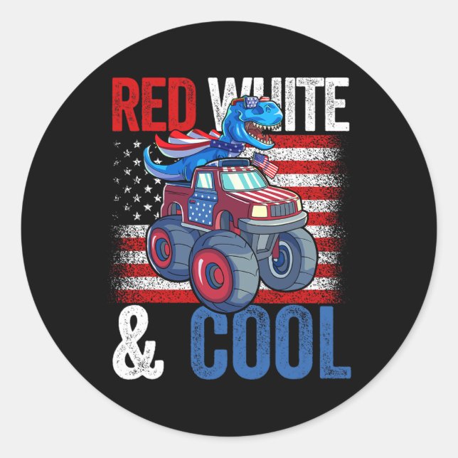 Monster Truck Dino 4th Of July Boys American Flag  Classic Round Sticker (Front)