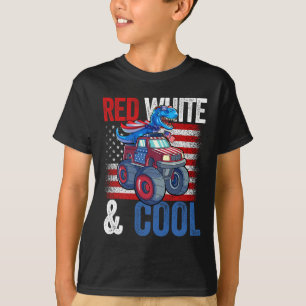 Monster Truck Dino 4th Of July Boys American Flag  T-Shirt
