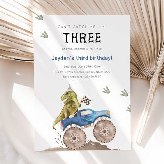 Monster Truck & Dinosaur 3rd Birthday Party Invitation