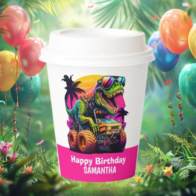 MONSTER TRUCK Dinosaur  Birthday Pink Paper Cups (Celebrate your little one's special day with our adorable Monster Truck Dinosaur pink paper cups!)