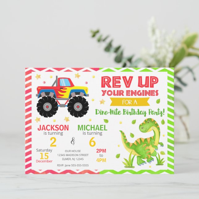 Monster Truck & Dinosaur Joint Birthday Invitation (Standing Front)