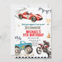 Monster truck Dirt Bikes and race car theme invite