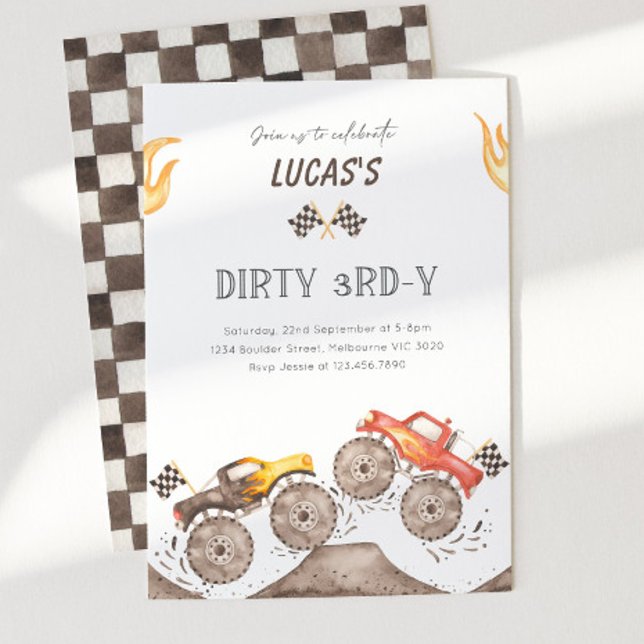 Monster Truck Dirty 3RD-Y  3rd Birthday Party Invitation (Creator Uploaded)