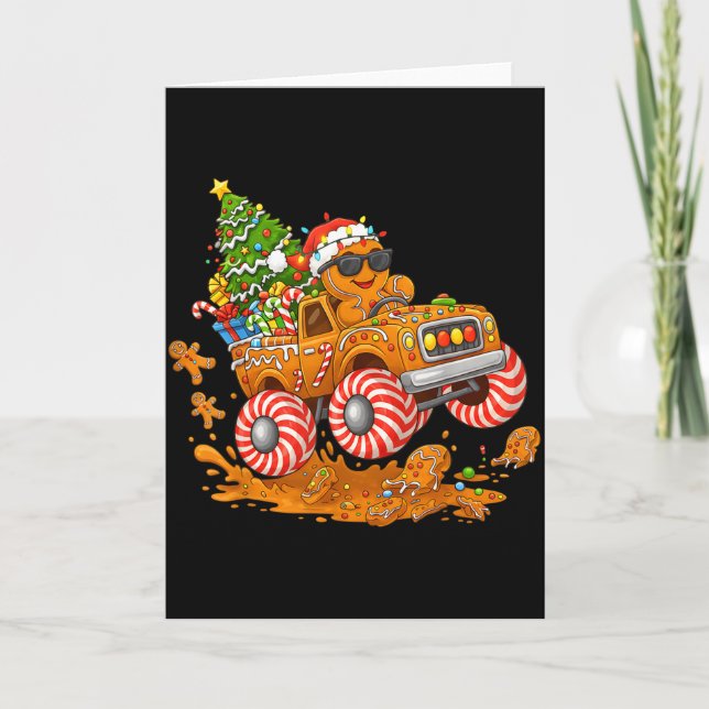 Monster Truck Gingerbread Man Funny Christmas Baki Card (Front)