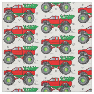 Monster Truck Hauling Christmas Tree in the Snow Fabric