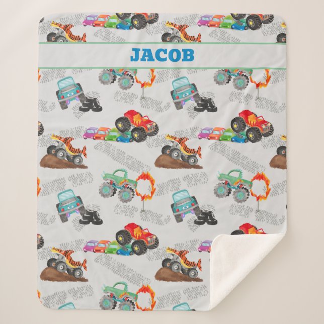 Monster Truck Jam Watercolor Cars Kids Sherpa Blanket (Front)