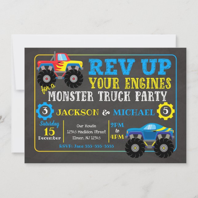 Monster Truck Joint Birthday Invitation (Front)