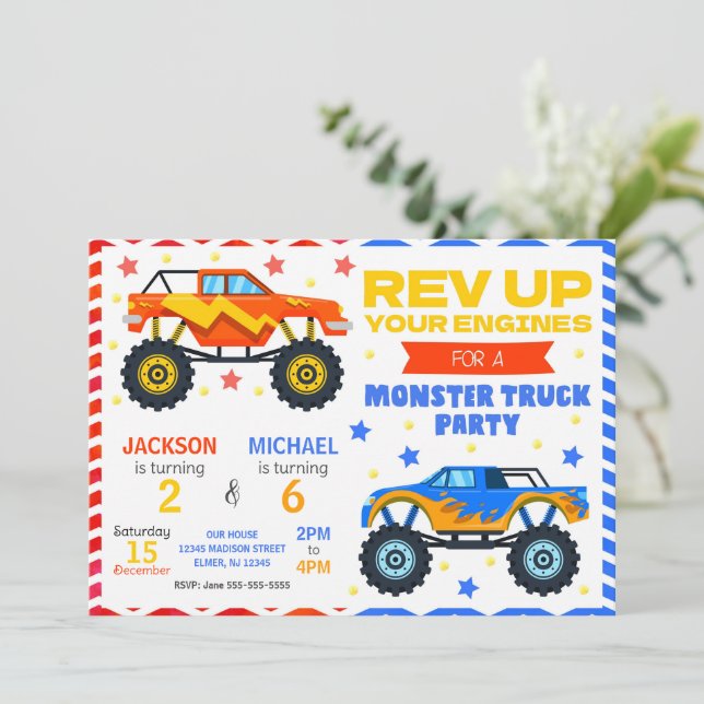 Monster Truck Joint Birthday Invitation Siblings (Standing Front)
