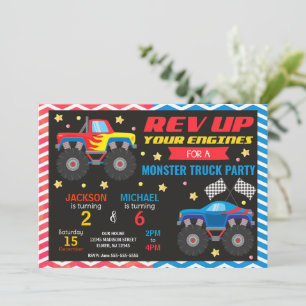 Monster Truck Joint Birthday Invitation Siblings