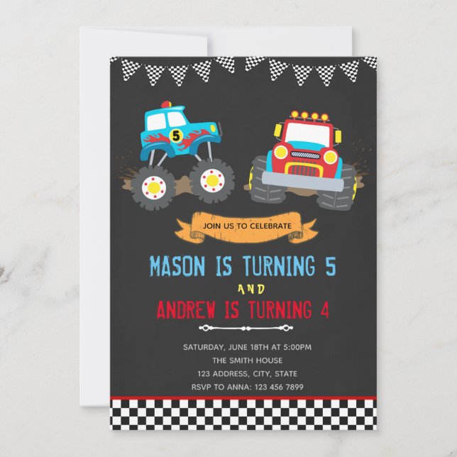 Monster truck joint birthday party invitation (Front)