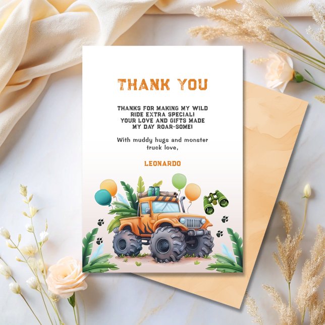Monster Truck Jungle Safari Boy Birthday  Thank You Card (Creator Uploaded)