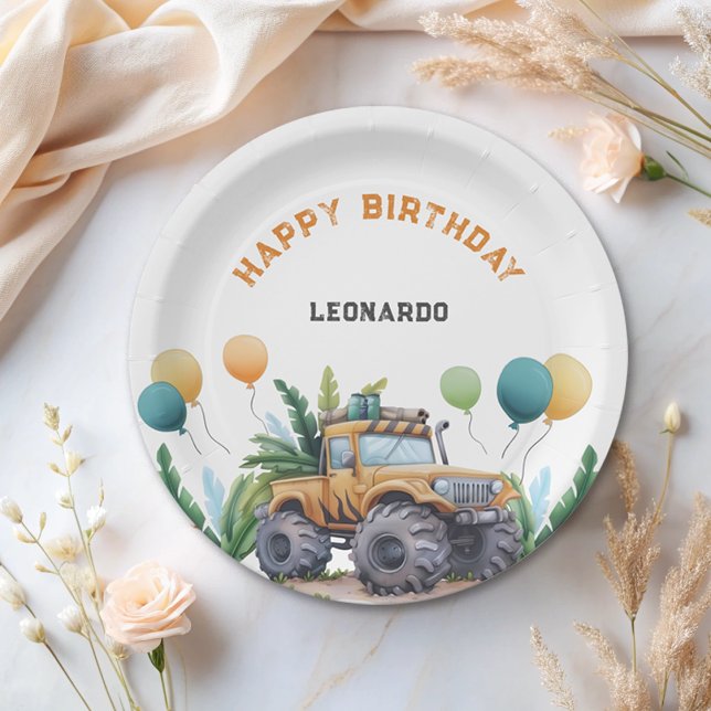 Monster Truck Jungle Safari Happy Birthday Paper Plate (Creator Uploaded)