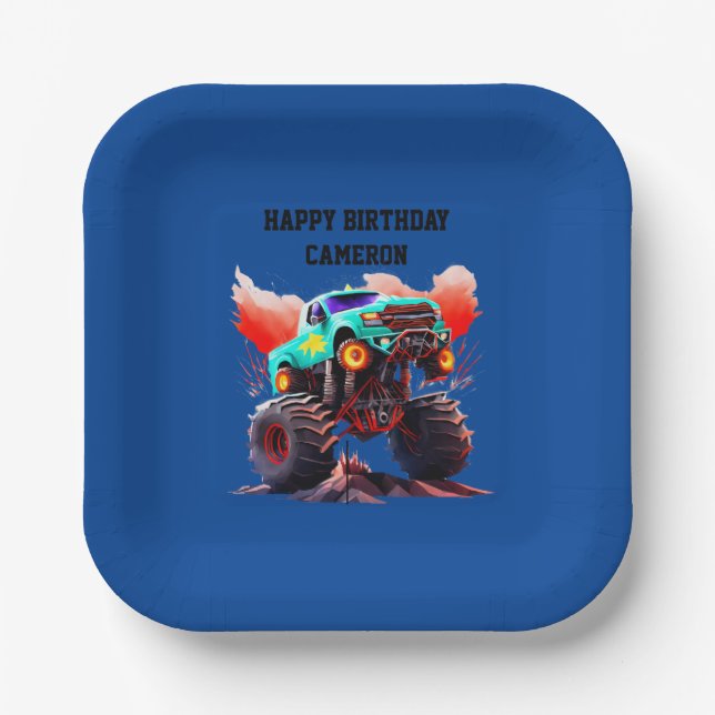 Monster Truck Kids Birthday Party Invitation Paper Plate (Front)