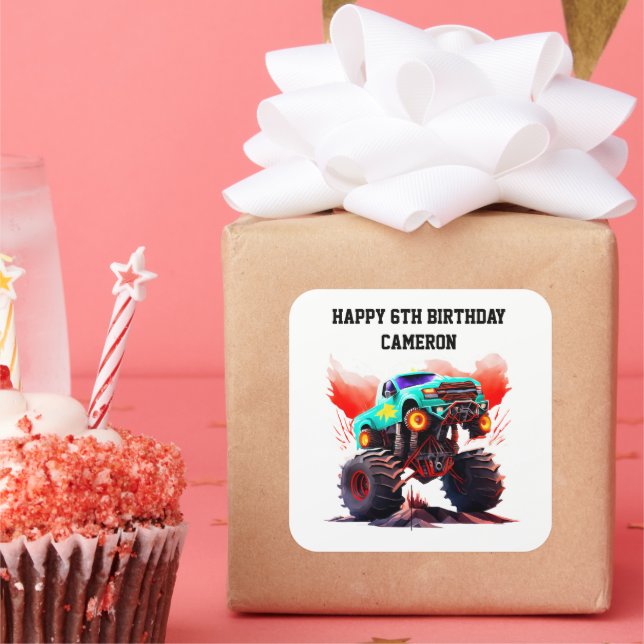 Monster Truck Kids Birthday Party Invitation Square Sticker (Party)