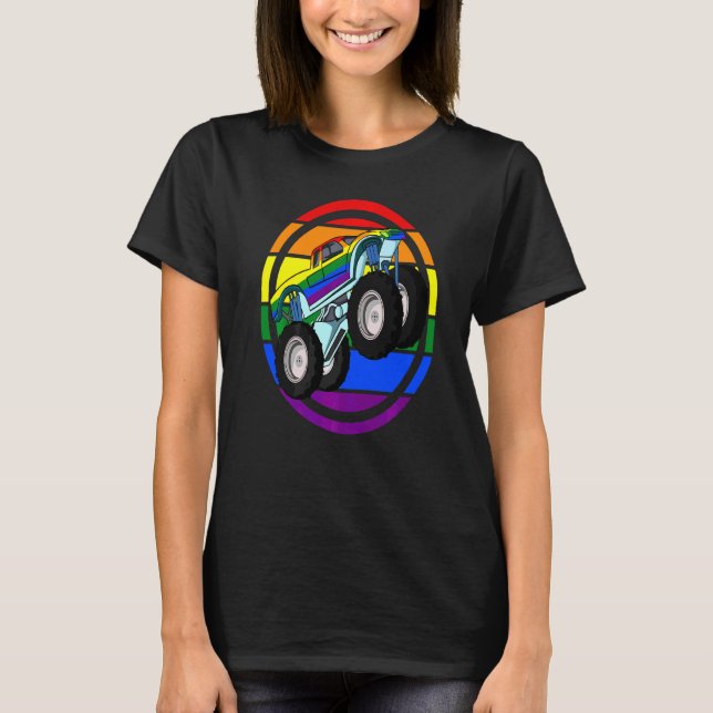 Monster Truck Lgbt Q Retro Rainbow Flag Gay Pride  T-Shirt (Front)