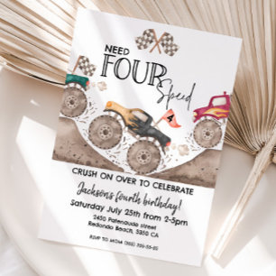 Monster Truck Need FOUR speed 4th birthday Invitation