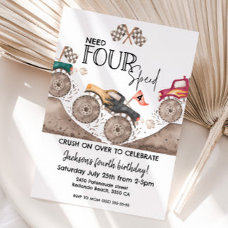 Monster Truck Need FOUR speed 4th birthday Invitation