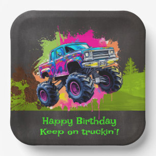 Monster Truck Neon Boy Birthday Party Paper Plate