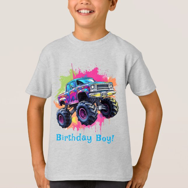 Monster Truck Neon Boy Birthday Party  T-Shirt (Front)